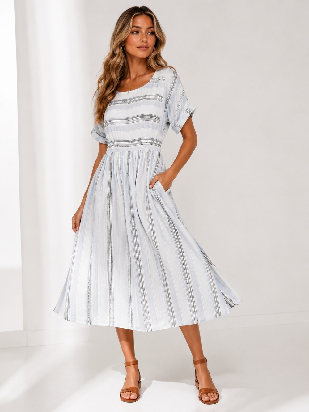 Mikarose White Blue Striped Midi Dress Size M